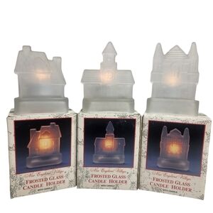 Vintage New England Village Frosted Glass Candle Holders Lot of Three